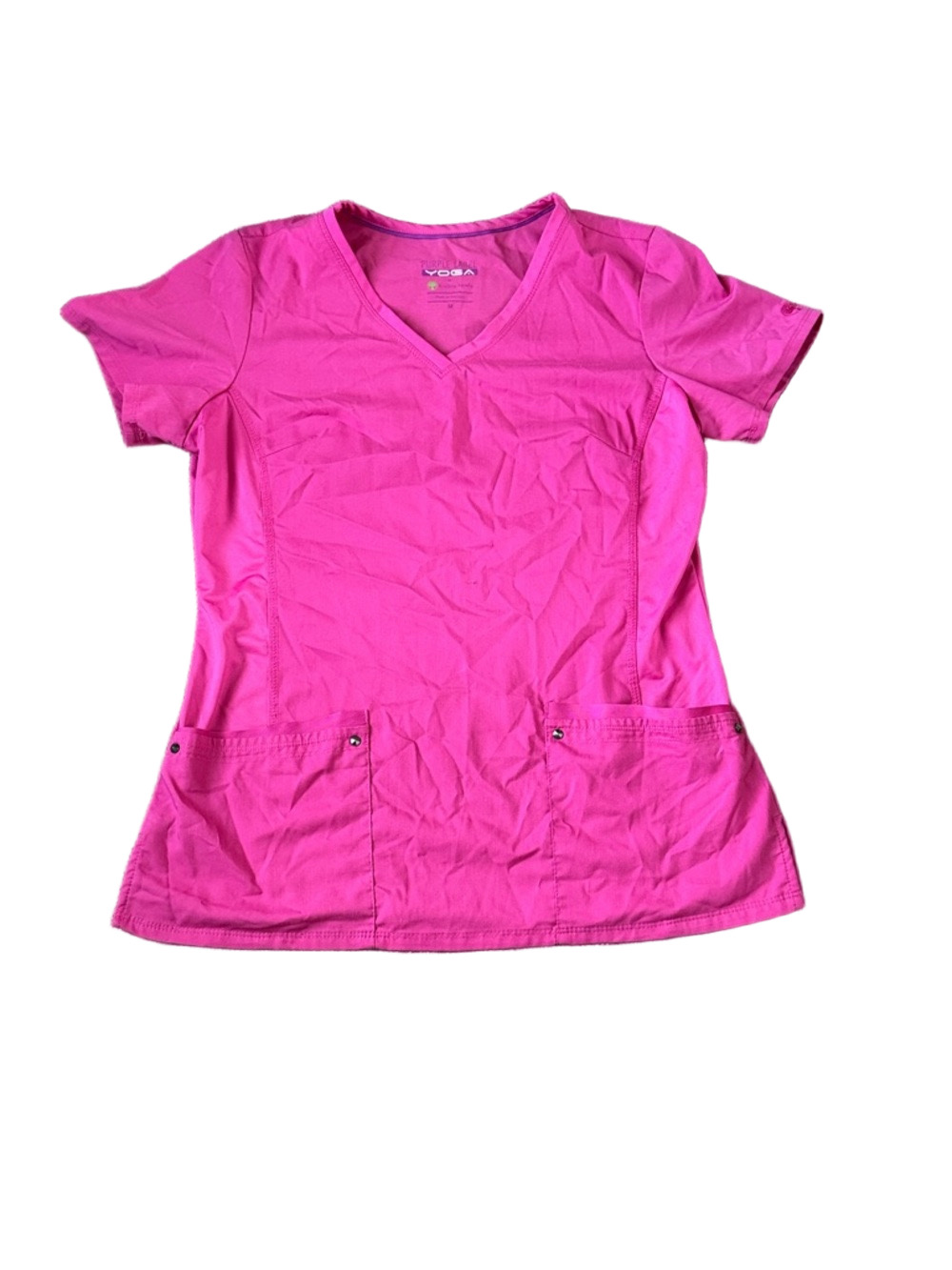 Purple Label Yoga by Healing Hands Pink V Neck Scrub Top Medical SIZE M